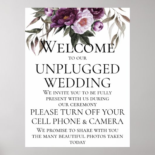 Paarse Plum Peonies Unplugged Wedding Ceremony Poster (Voorkant)