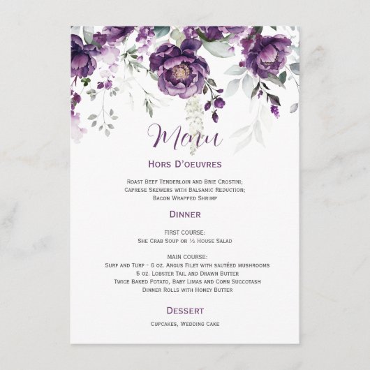 Paarse Plum Peonies Wedding Menu (Voorkant)