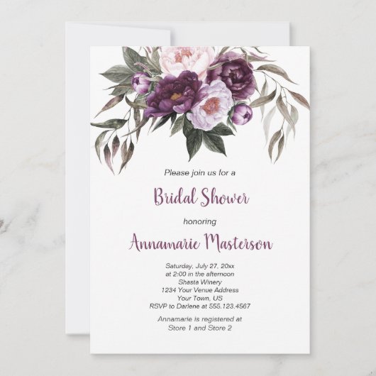 Paarse Plum Pink Peonies groen Vrijgezellenfeest Kaart (Voorkant)