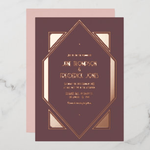Paarse Plum & Rose Goud Gatsby Art Deco Trouwfeest Folie Uitnodiging