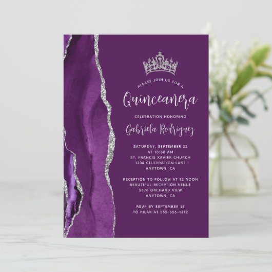 Paarse Plum Silver Agate Quinceañera Kaart (Staand voorkant)