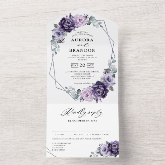 Paarse Plum Silver Floral Blooms Geometric Wedding All In One Uitnodiging (Binnen)