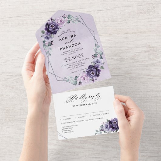 Paarse Plum Silver Floral Blooms Geometric Wedding All In One Uitnodiging (Afscheurbaar)