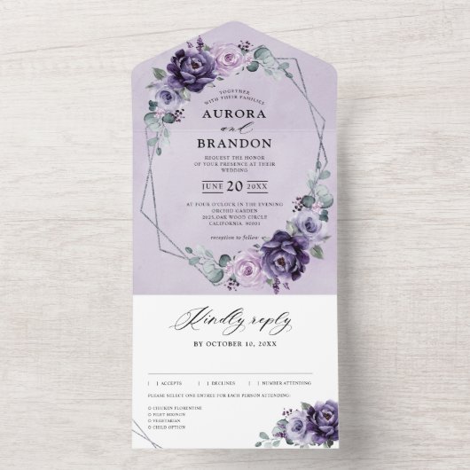 Paarse Plum Silver Floral Blooms Geometric Wedding All In One Uitnodiging (Binnen)