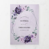 Paarse Plum Silver Floral Blooms Geometric Wedding Drieluik Aankondiging (Cover)
