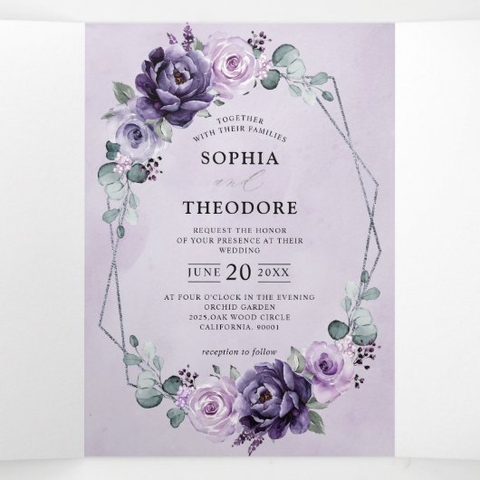 Paarse Plum Silver Floral Blooms Geometric Wedding Drieluik Aankondiging (Binnenkant midden)