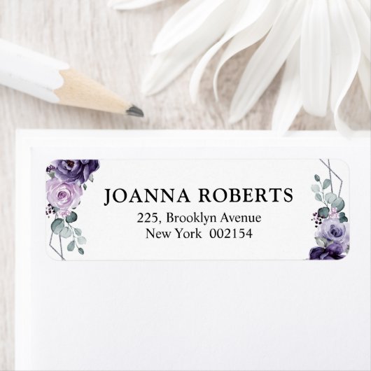 Paarse Plum Silver Floral Blooms Geometric Wedding Etiket (Insitu)