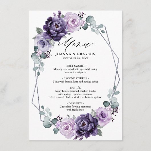 Paarse Plum Silver Floral Blooms Geometric Wedding Menu (Voorkant)