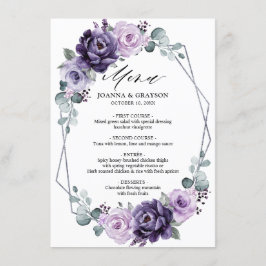 Paarse Plum Silver Floral Blooms Geometric Wedding Menu