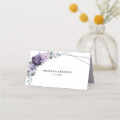 Paarse Plum Silver Floral Blooms Geometric Wedding Plaatskaartje (Achterkant)