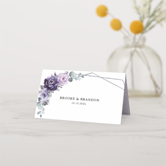 Paarse Plum Silver Floral Blooms Geometric Wedding Plaatskaartje (Achterkant)