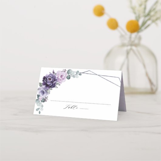 Paarse Plum Silver Floral Blooms Geometric Wedding Plaatskaartje (Voorkant)