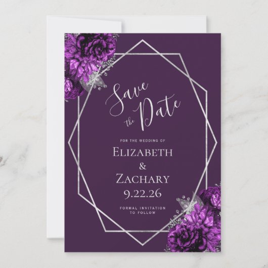 Paarse Plum Silver Floral Geometric Save the Date (Voorkant)