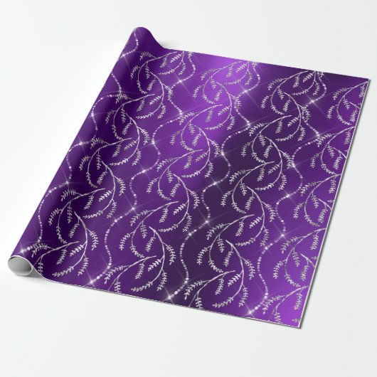 Paarse Plum Sparkly Laurel Silver Diamonds Cadeaupapier (Uitgerold)