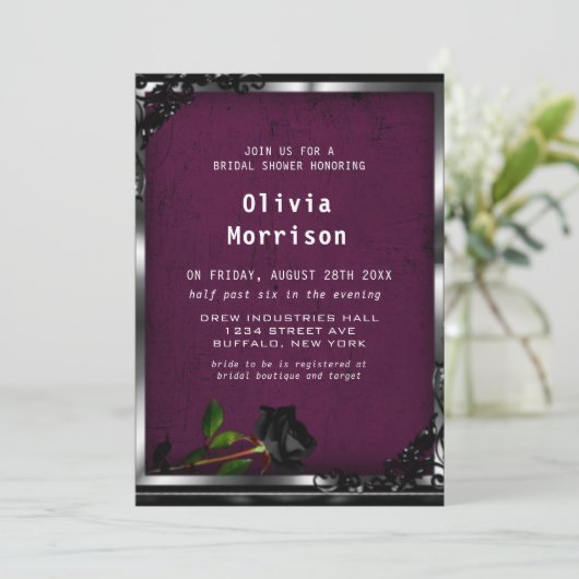 Paarse plum Tapestry and Black Roos Gothic Wedding Kaart (Staand voorkant)