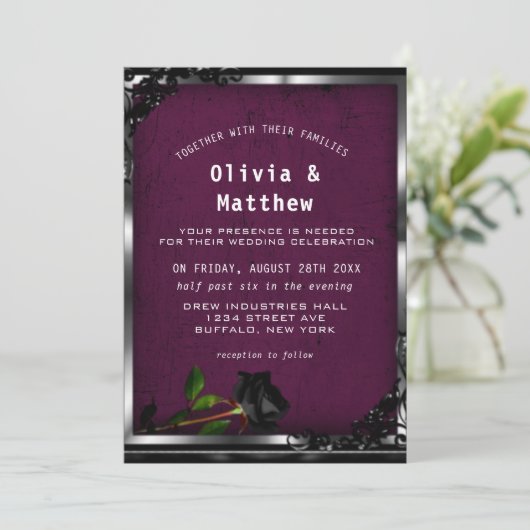 Paarse plum Tapestry and Black Roos Gothic Wedding Kaart (Staand voorkant)