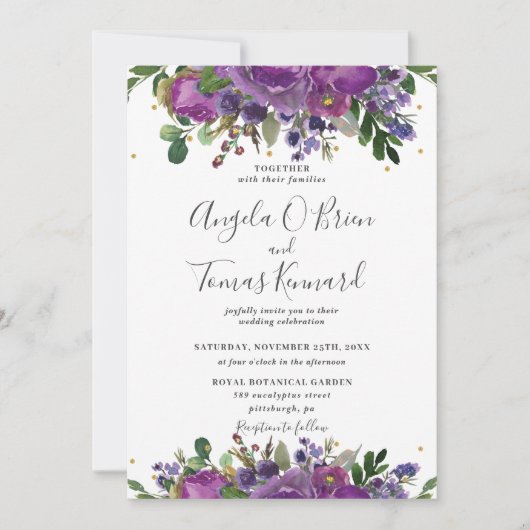 Paarse Plum Voilet Floral Greenery Wedding Kaart (Voorkant)