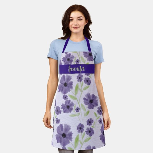 Paarse Plum Waterverf Floral Design Schort (Gedragen)