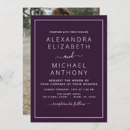 Paarse Plum Wedding met Fotouitnodiging Kaart