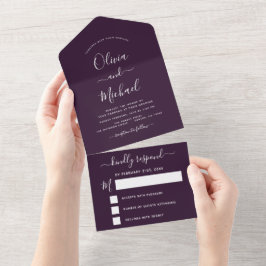 Paarse Plum Wedding Modern Typografie RSVP All In One Uitnodiging