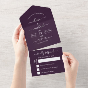 Paarse Plum Wedding Modern Typografie RSVP All In One Uitnodiging