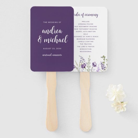 Paarse Plum Wedding Program Fans Handwaaier (Voorkant en achterkant)