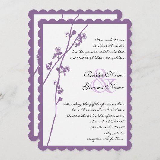 Paarse Plum Wild Flower Branch Wedding Invites Kaart (Voorkant / Achterkant)