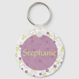 Paarse Plumeria Naam Button Sleutelhanger