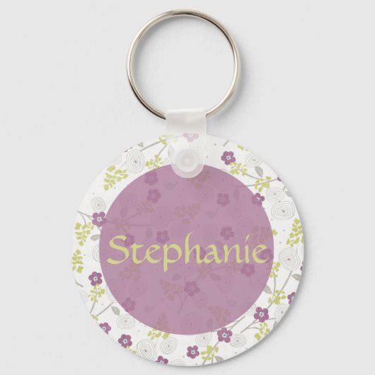 Paarse Plumeria Naam Button Sleutelhanger (Voorkant)