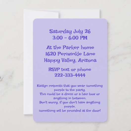 Paarse poedel meisjes verjaardag sample uitnodigin kaart (Achterkant)