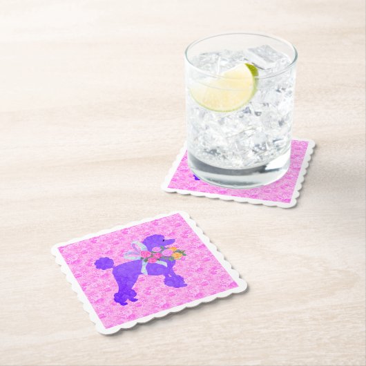 Paarse poedel partij benodigdheden kartonnen onderzetters (Insitu)