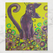 paarse poes op geel wijnetiket wijn etiket (Enkel label)