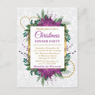 Paarse Poinsettia Kerst Dinner Party Briefkaart
