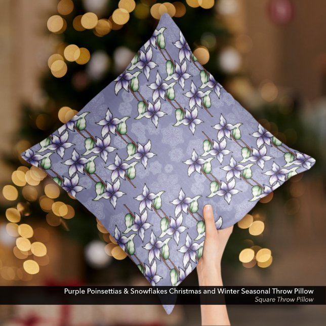 Paarse Poinsettias & Sneeuwvlokken Kerstwinter Kussen (Purple Poinsettias & Snowflakes Christmas and Winter Season Throw Pillow)
