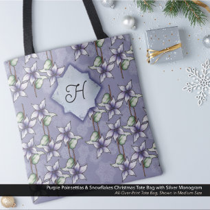Paarse Poinsettias & Snowflakes Kerstmonogram Tote Bag