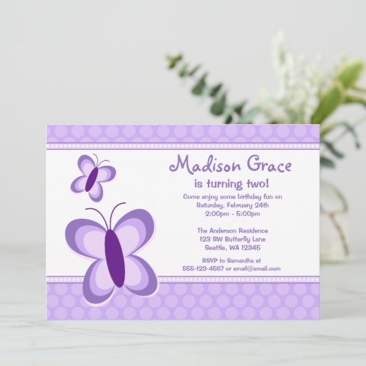 Paarse polaire dot Butterfly Birthday-uitnodiginge Kaart (Staand voorkant)