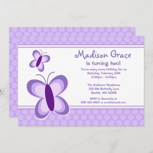 Paarse polaire dot Butterfly Birthday-uitnodiginge Kaart (Voorkant / Achterkant)