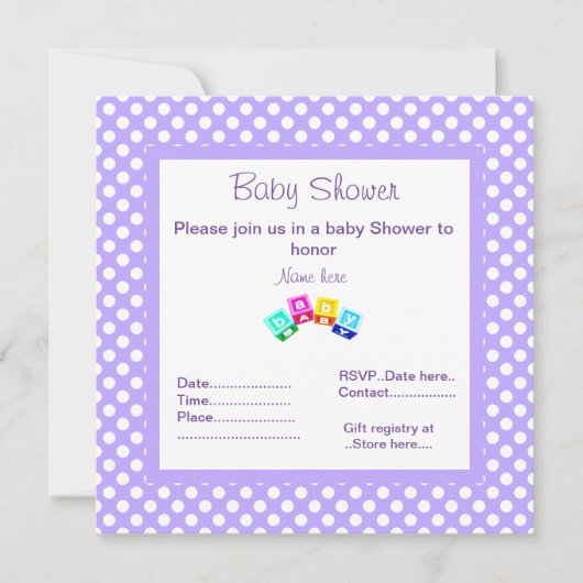 PAARSE POLKA DOT BABY SHOWER INVITATION BLOKKEN KAART (Voorkant)
