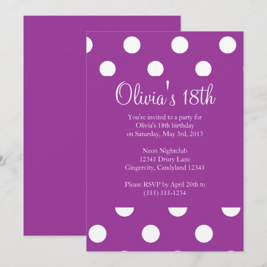 Paarse Polka Dot Birthday Uitnodiging (Voorkant / Achterkant)