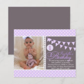 Paarse Polka Dot Bunting Eerste Verjaardag Uitnodi Kaart (Voorkant / Achterkant)