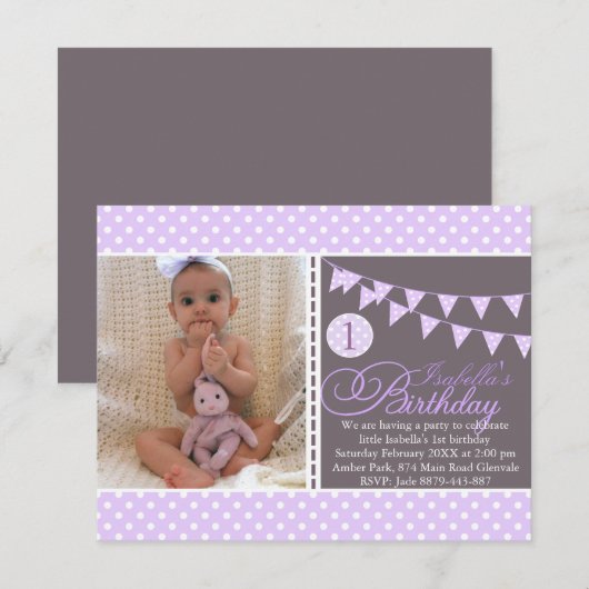 Paarse Polka Dot Bunting Eerste Verjaardag Uitnodi Kaart (Voorkant / Achterkant)