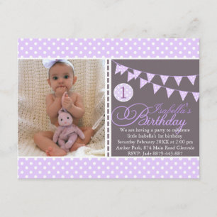 Paarse Polka Dot Bunting Eerste Verjaardag Uitnodi Kaart