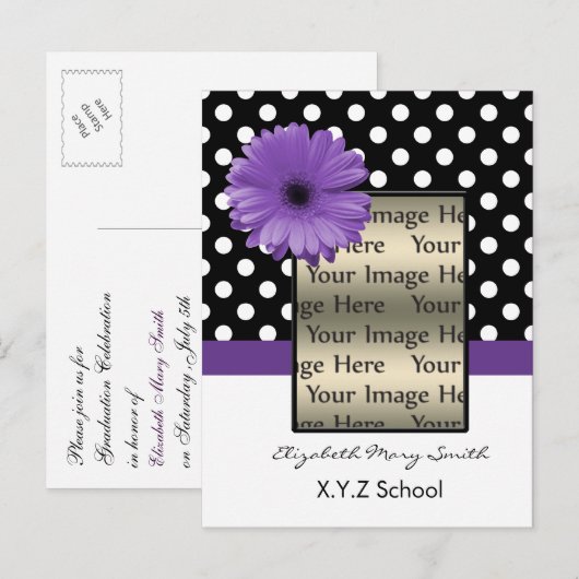 paarse polka dot daisy foto Afstuderen Uitnodiging Briefkaart (Voorkant / Achterkant)