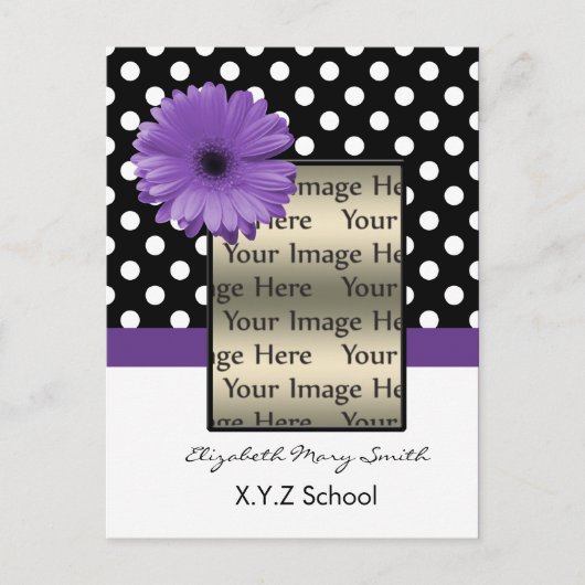 paarse polka dot daisy foto Afstuderen Uitnodiging Briefkaart (Voorkant)