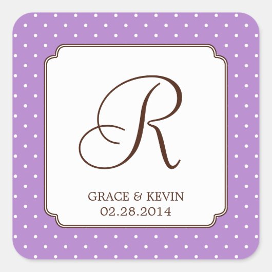 Paarse polka dot enkele monogram letter aangepast vierkante sticker (Voorkant)