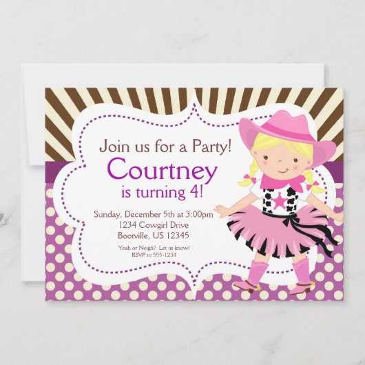 Paarse Polka Dot Little Cowgirl Birthday Party Kaart (Voorkant)