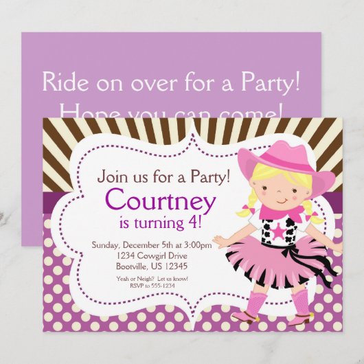 Paarse Polka Dot Little Cowgirl Birthday Party Kaart (Voorkant / Achterkant)