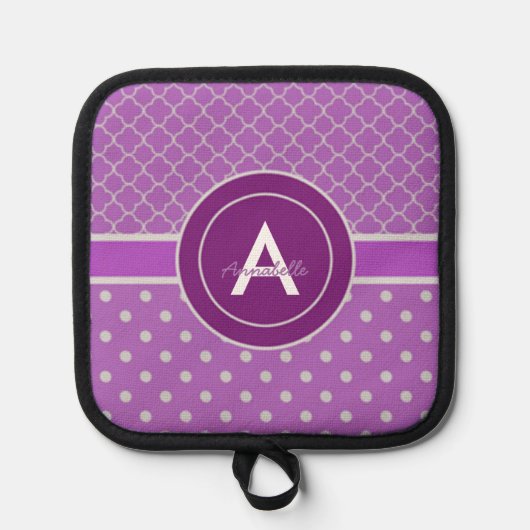 Paarse Polka Dot Quatrefoil Pannenlap (Voorkant)