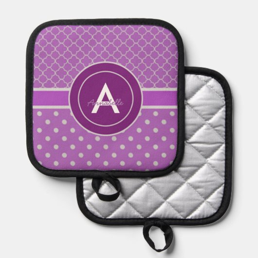 Paarse Polka Dot Quatrefoil Pannenlap (Voorkant / Achterkant)