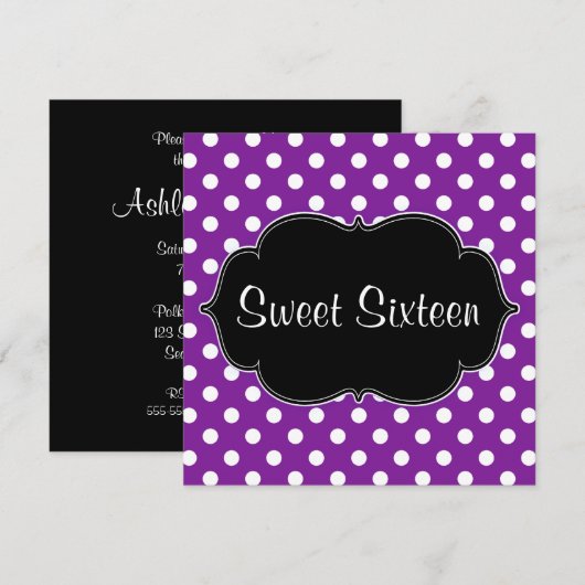 Paarse Polka Dot Sweet 16 Birthday Party Kaart (Voorkant / Achterkant)